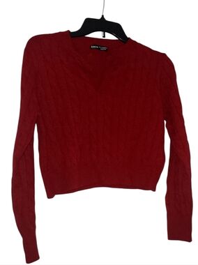 SHEIN Crimson Cable Knit V-Neck Sweater Cropped